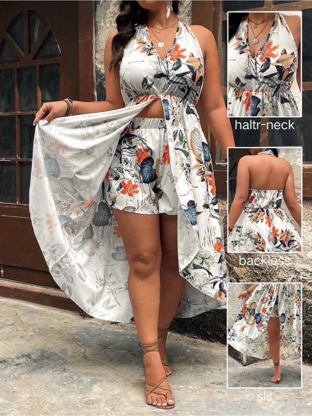 Floral Halter-Neck Tie-Front High-Low Dress - White & Orange